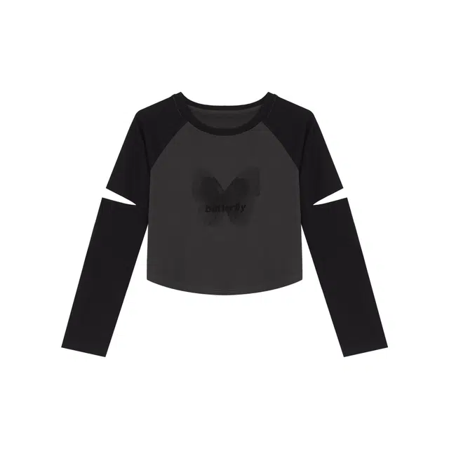 麓蔓蒂 美式辣妹修身撞色插肩袖镂空设计圆领长袖上衣 女款