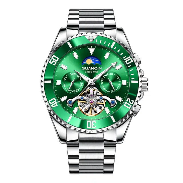 冠琴 潜航者系列 潮流男士机械潜水手表 自动机械机芯 精钢表带 国表 男表 绿色表盘 夜光防水日历星辰手表