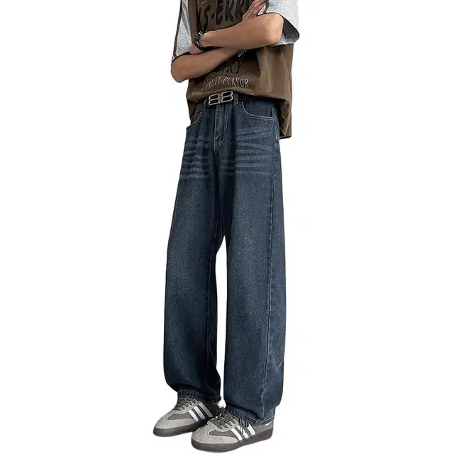 宝米卡 美式复古休闲潮流牛仔裤 男女同款 蓝色