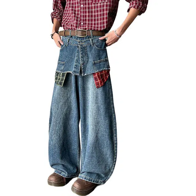 宝米卡 美式解构双腰头拼接设计感宽松弯刀牛仔裤 男女同款 蓝色