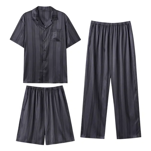 向薇 休闲亲肤条纹薄款短袖可外穿家居服睡衣套装 男款 图片色