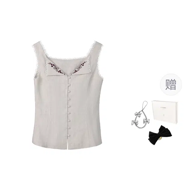 法儿家 蔓蔓花枝春夏季韩系小个子设计感翻领刺绣无袖背心 女款 杏色