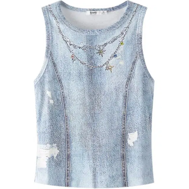 三福 项链印花渐变圆领无袖背心 女款