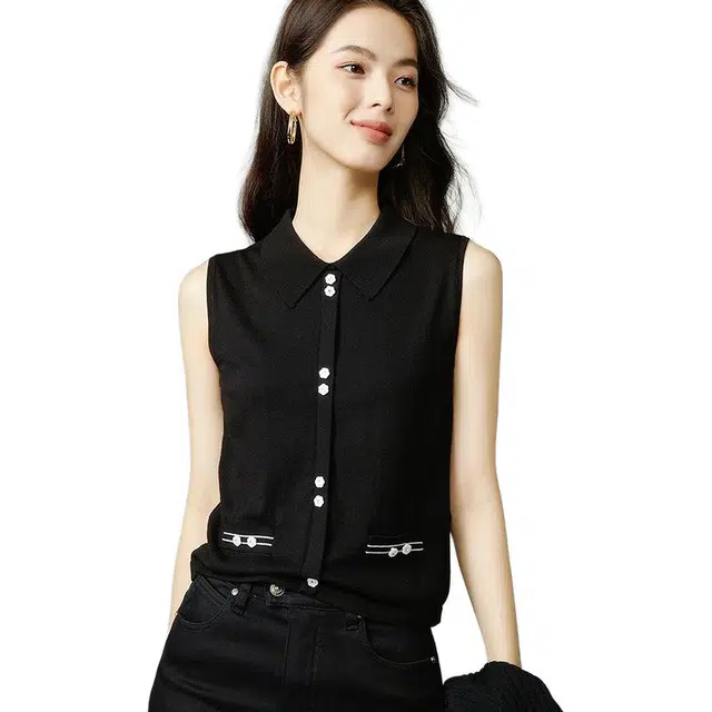 张三的歌 春季洋气纯色常规无袖背心 女款 黑色