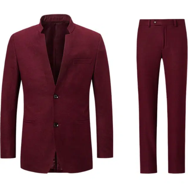 才子 喜庆长袖西服外套长裤西装套装 男款 大红色