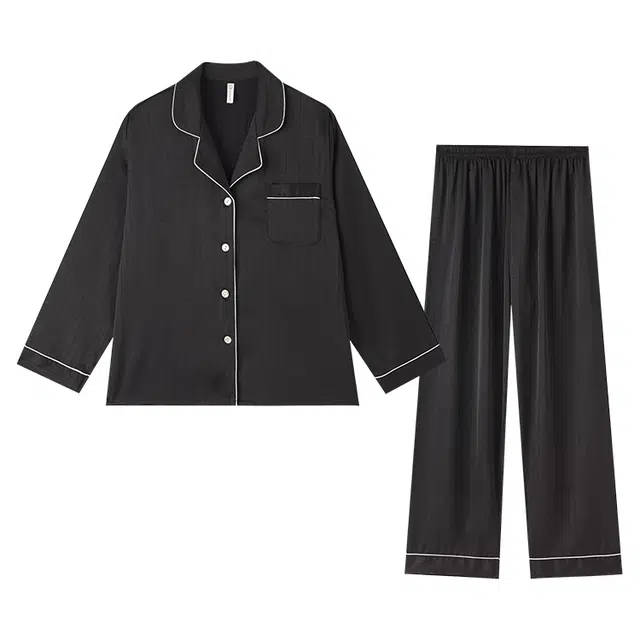 潞优野 透气舒适翻领长袖上衣家居服长裤睡衣套装 男款 黑
