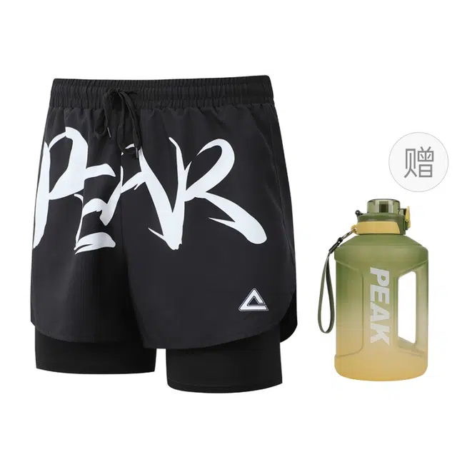 匹克 速干透气双层防走光健身跑步游泳骑行登山假两件五分运动短裤 男款