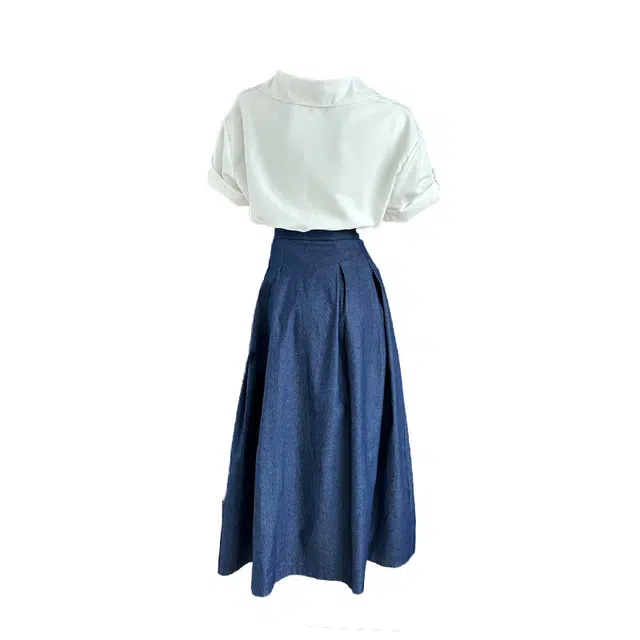敲模女孩 极简风薄款休闲学院风短袖衬衫上衣搭高腰半身裙女裙装套装 女款