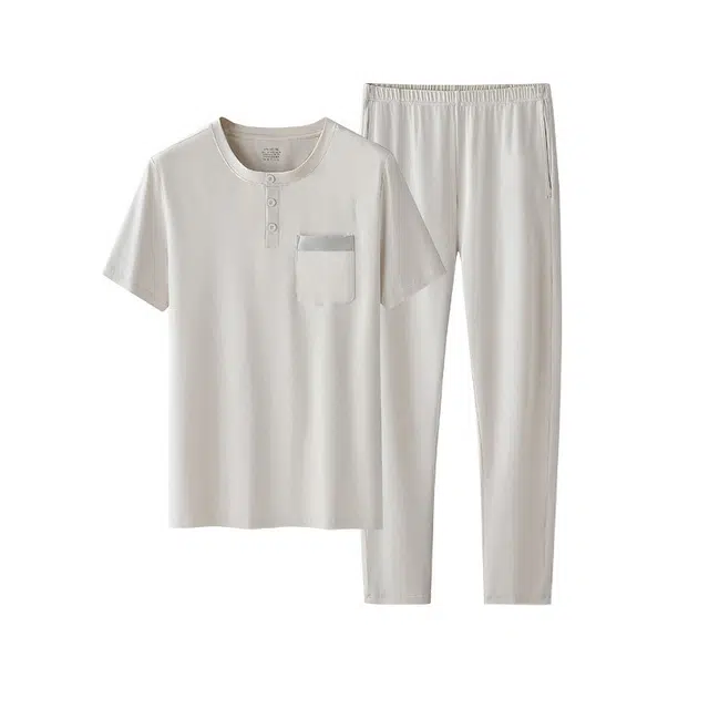 对你的私语 纯色薄款短袖长裤可外出口袋家居服睡衣套装 男款