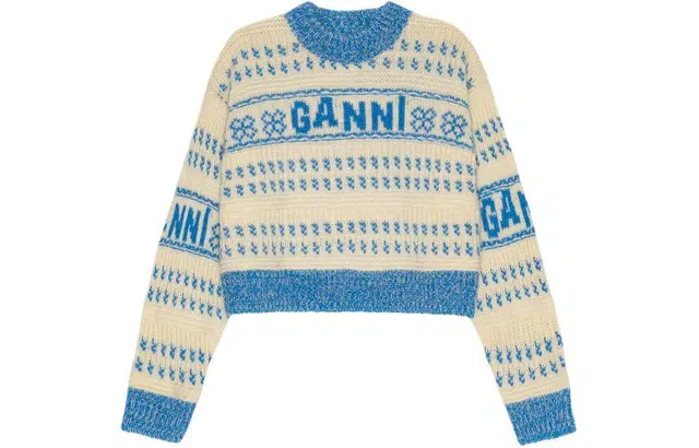 GANNI LAMBSWOOL CROPPED O-NECK PULLOVER STRONG BLUE