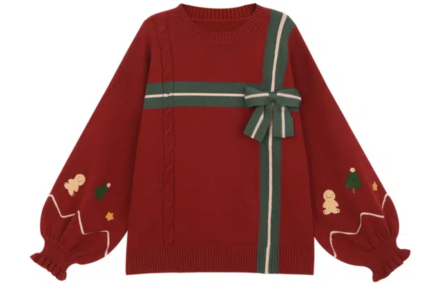 森女部落 圣诞系列套撞色复古立体蝴蝶结针织 圣诞毛衣 女款 红色