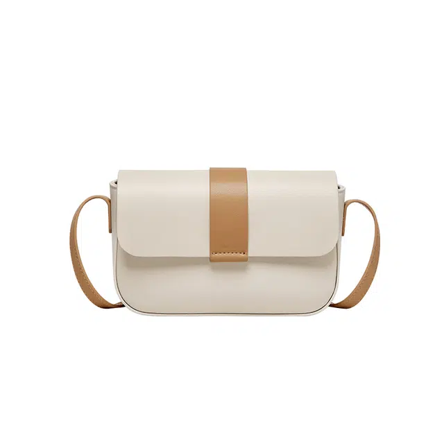 纳兰杜 时尚通勤简约休闲小众品牌 牛皮拼合成革 斜挎单肩包 女款 米白拼杏色/可可棕