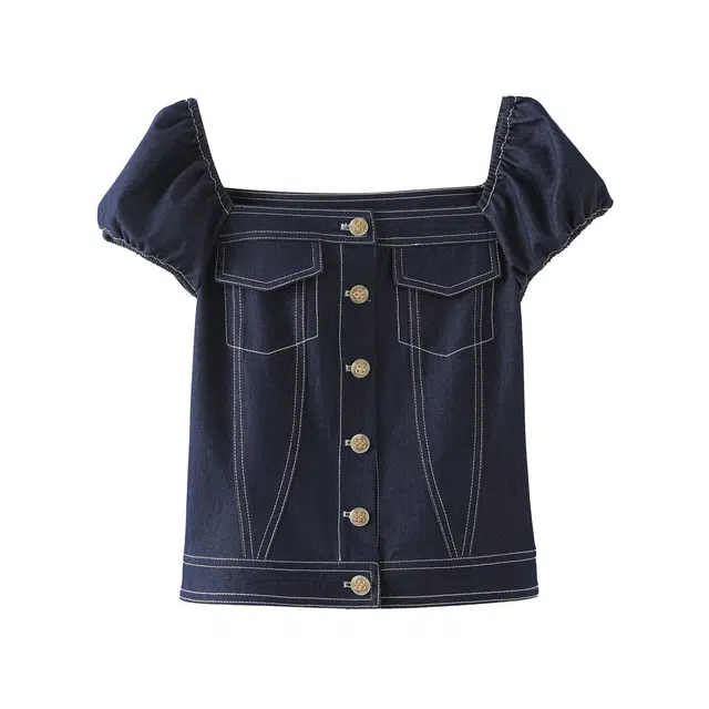 花栗鼠小姐 复古优雅气质截短上衣 女款 牛仔蓝