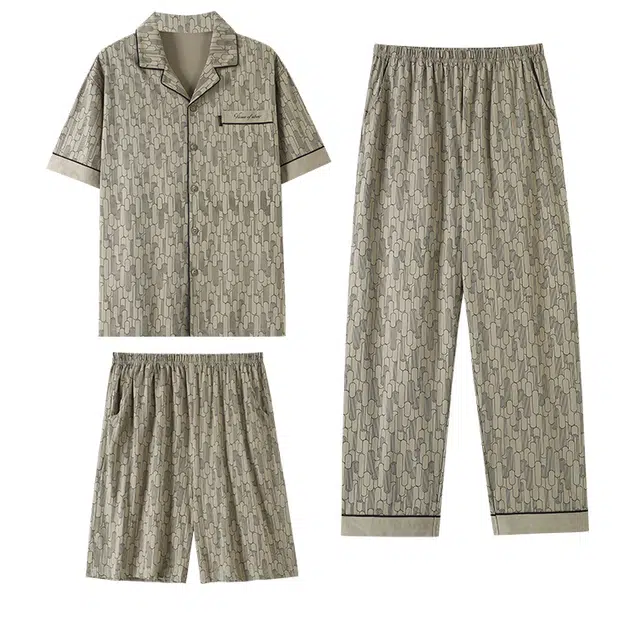 潞优野 纯棉翻领开衫短袖长裤大码家居服三件套睡衣套装 男款 卡其色