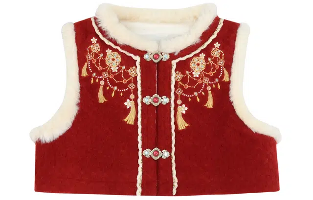 森女部落 瑞雪红装~原创新中式国风新年氛围感毛呢马甲拜年截断上衣 女款