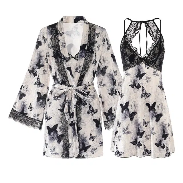 潞优野 甜美蝴蝶提花吊带睡裙长袖外袍睡衣套装 女款 米色