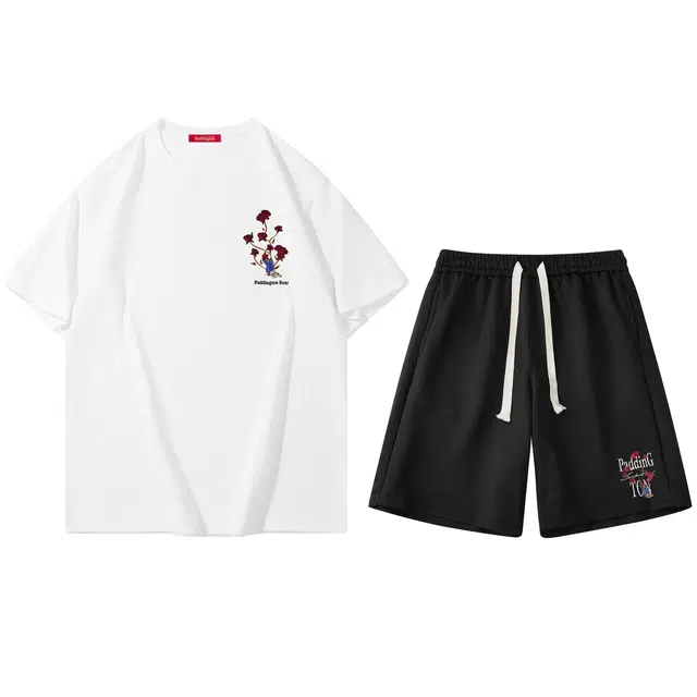 帕丁顿熊 绅士小熊玫瑰万针刺绣宽松百搭圆领重磅短袖直筒长裤休闲运动套装 男女同款