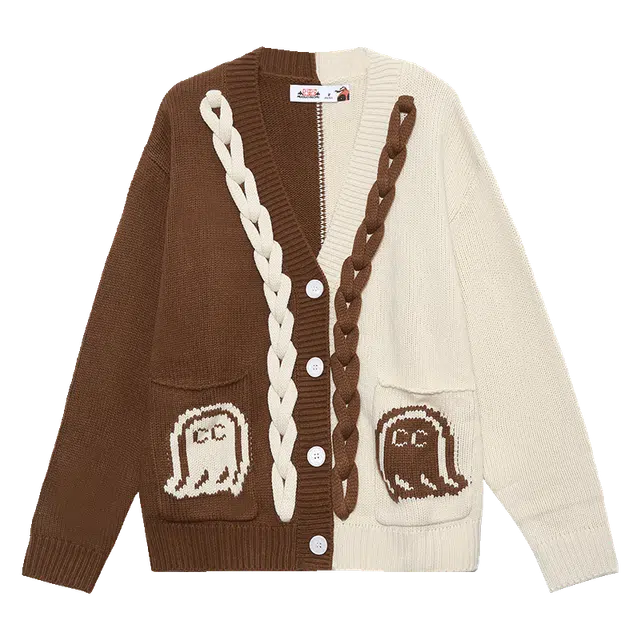 木果果木 拼色宽松单排扣开衫落肩长袖毛衣 女款 棕色