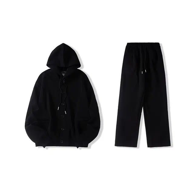 我是大卫 纯色韩版系扣宽松休闲卫衣套装 男女同款