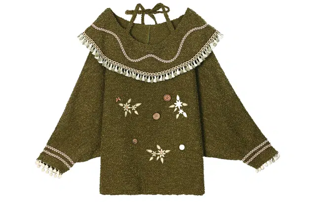 森女部落 民族风时尚流苏挂脖一字领露肩设计感宽松毛衣 女款 绿色