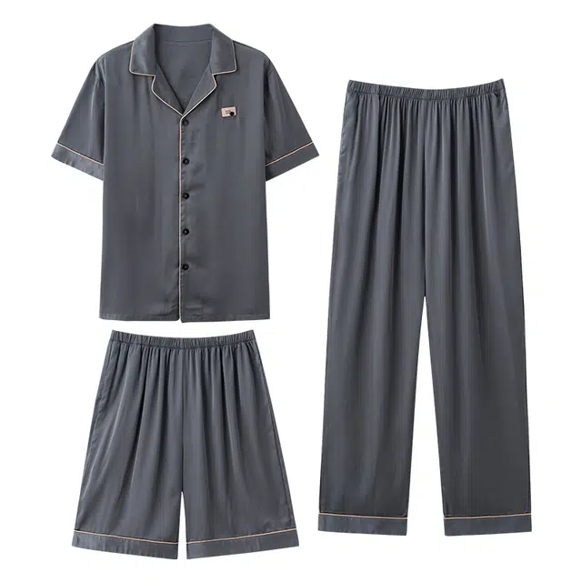 向薇 三件套翻领开衫短袖长裤家居服睡衣套装 男款 图片色