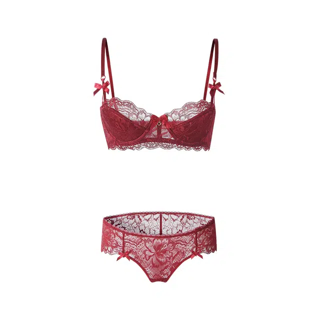 潞优野 蕾丝大胸显小纯色舒适简约内衣裤套装 女款 红色