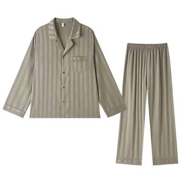 潞优野 舒适翻领透气长袖上衣家居服长裤睡衣套装 男款 戈森绿