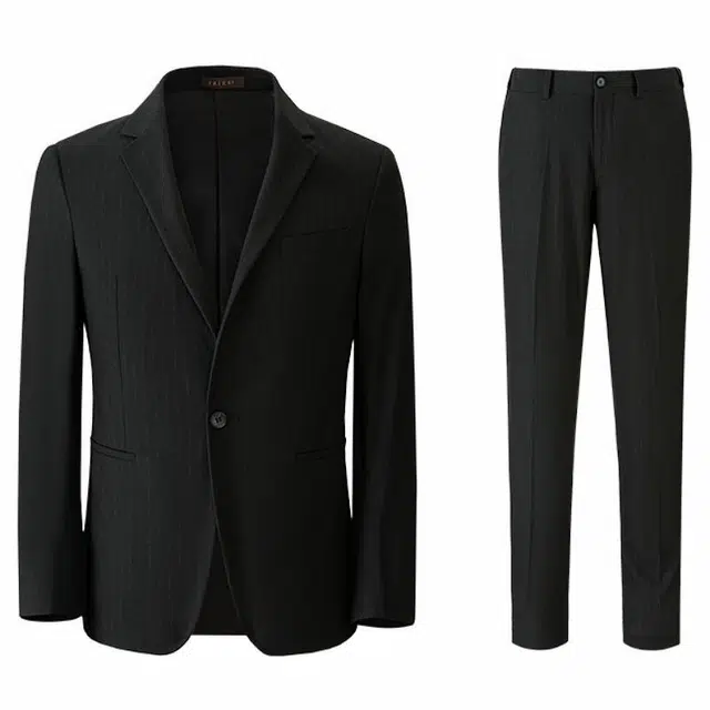 才子 经典平驳领英伦风竖条纹修身商务休闲西装套装 男款 黑色