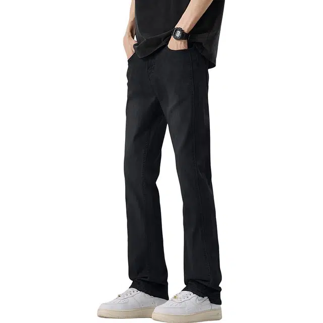 华夏儿女 美式高街潮牌百搭拼接水洗做旧垂感休闲微喇牛仔裤 男女同款