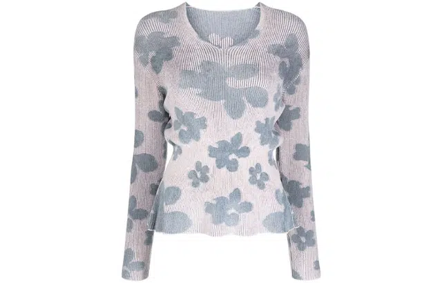 阿玛尼 花卉刺绣针织套头合身毛衣 女款 灰色