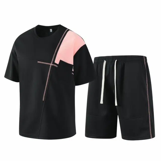 大白鲨 新中式国潮拼接短袖上衣简约舒适百搭短裤休闲运动套装 男款