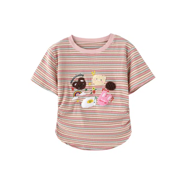 花栗鼠小姐 通勤学院风设计感卡通刺绣百搭条纹褶皱收腰显瘦短款短袖截短上衣 女款