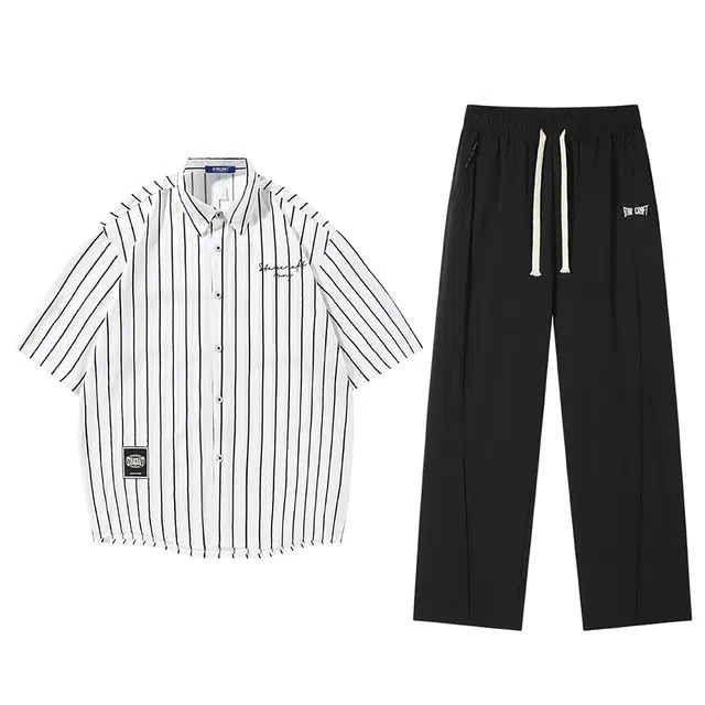 星际者 简约翻领单排扣短袖衬衣直筒宽松垂感长裤衬衫套装 男女同款