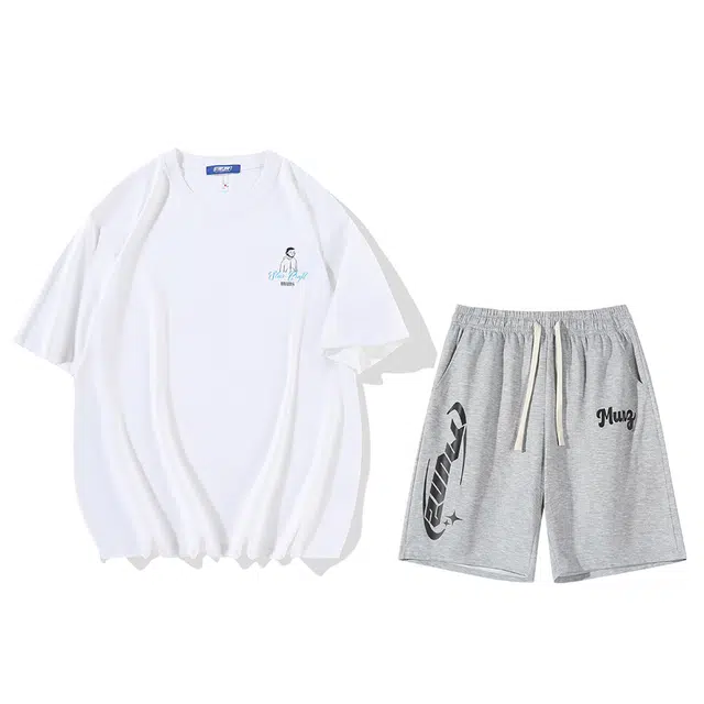 星际者 美式基础款简约复古字母印花透气圆领套头短袖宽松直筒系带五分裤休闲运动套装 男女同款