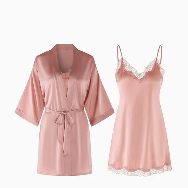 潞优野 蕾丝吊带薄款纯色七分袖睡袍亲肤睡衣套装 女款