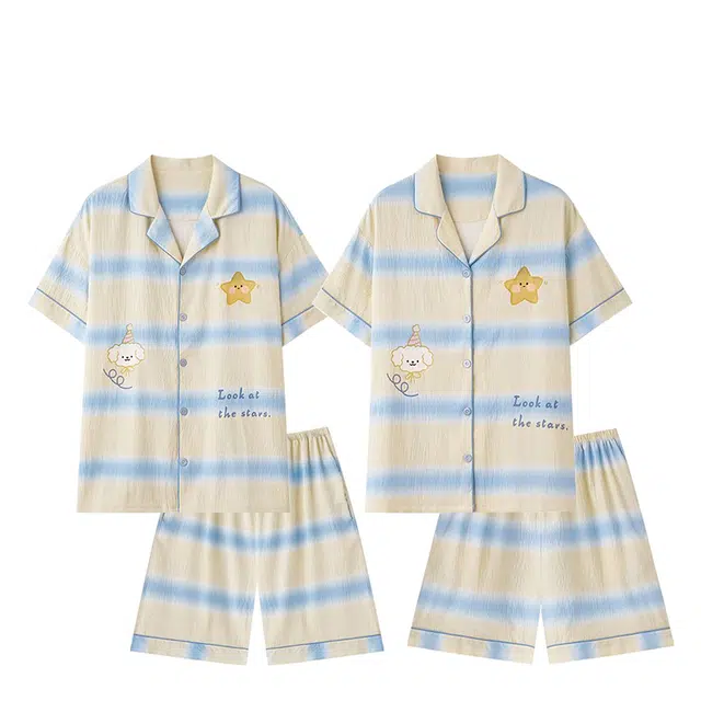 俏韵 亲肤舒适翻领开衫短袖家居服可外穿睡衣套装 男女同款