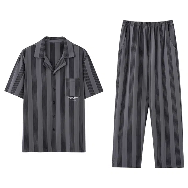 芬腾可安 透气短袖简约细腻亲肤柔软休闲舒适小众长裤家居服睡衣套装 男款 灰色
