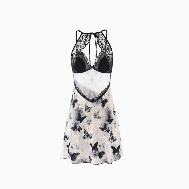 潞优野 甜美蝴蝶提花吊带睡裙长袖外袍睡衣套装 女款 米色