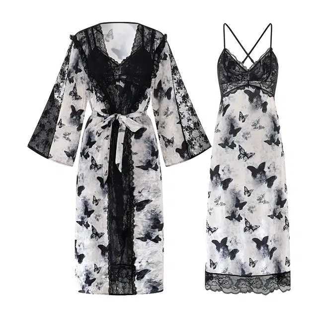 潞优野 蝴蝶吊带睡裙家居服亲肤舒适简约睡衣套装 女款