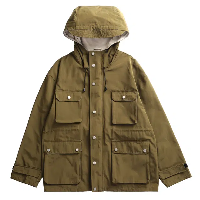 格蓝鹿 春季 机能连帽风衣徒步登山松弛感潮牌工装男美式复古多口袋设计感夹克外套 宽松型 男女同款 军绿