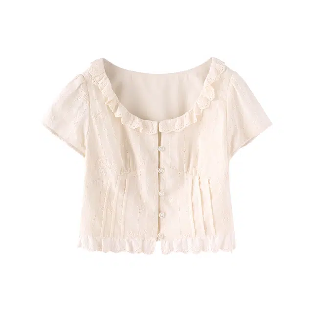 花栗鼠小姐 杳月雾花 重工刺绣新中式减龄方圆花边领口下摆俏皮木耳边收腰显瘦截短上衣 女款 米白