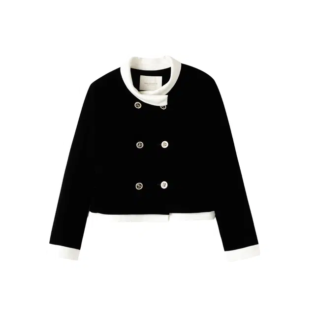 花栗鼠小姐 塞琳丝绒套装 精致复古优雅甜酷风半立领双排扣黑白撞色微宽松短款截短上衣 女款