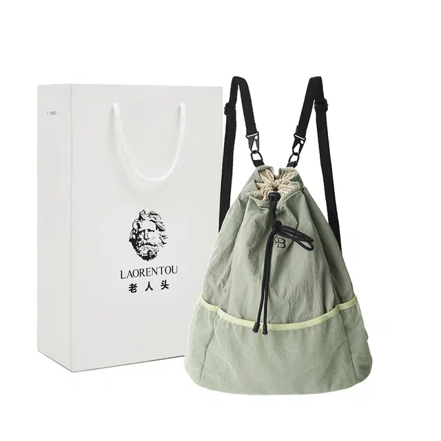 老人头 运动风抽绳设计简约旅行 织物 背包双肩包 男女同款情侣款 绿色/黑色