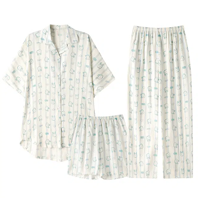俏霓桐 简约甜美可爱小兔子休闲舒适三件套家居服可外穿睡衣套装 女款 图片色