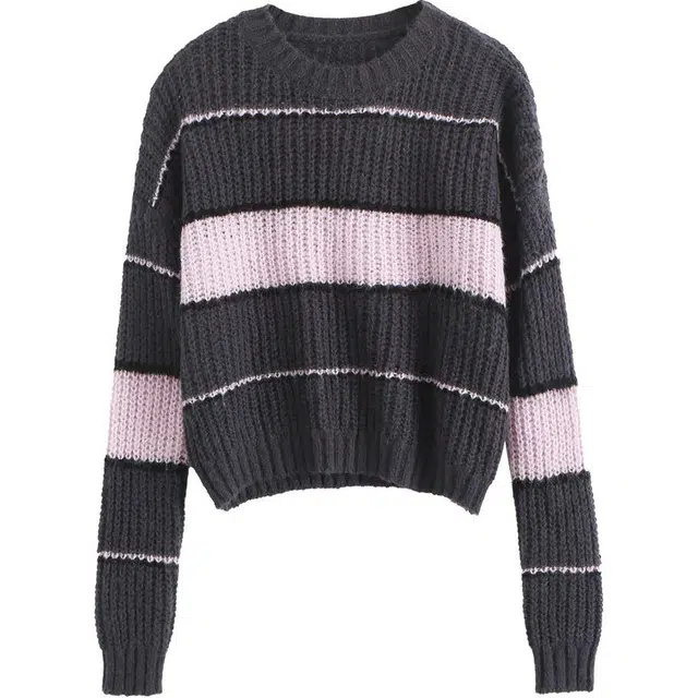 【dme】 休闲宽松条纹圆领长袖毛衣 女款 深灰