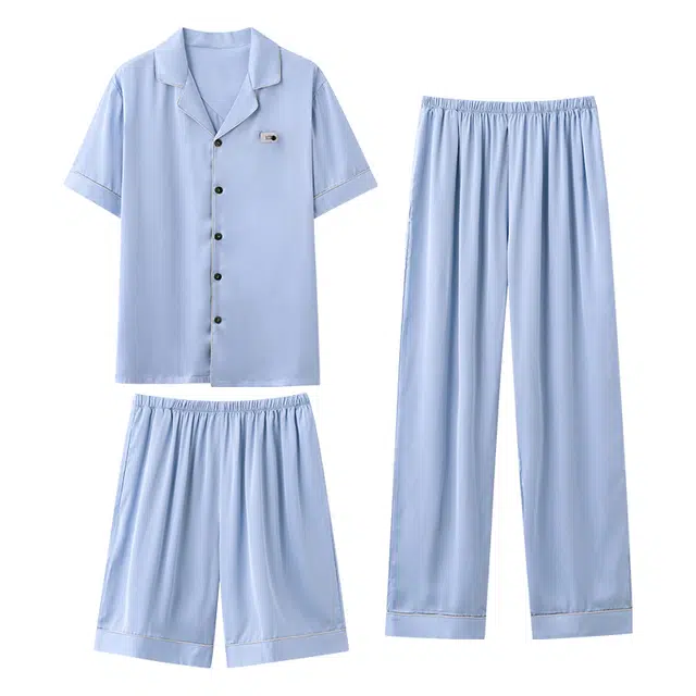 向薇 三件套翻领开衫短袖长裤加大码青少年家居服睡衣套装 男款 图片色