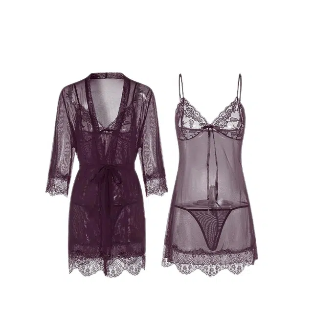 潞优野 性感纯色网纱家居服睡衣套装 女款
