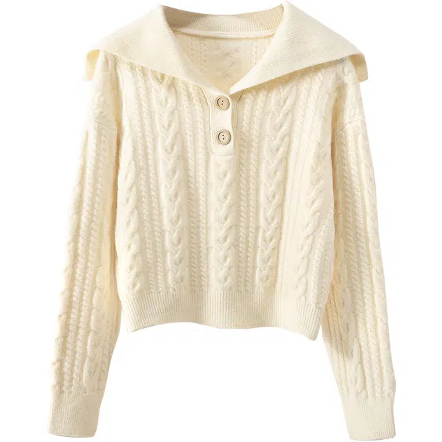 她池 麻花纹甜美学院风海军领宽松毛衣 女款 米白色