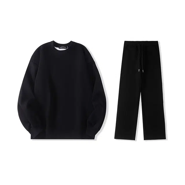 我是大卫 纯色圆领宽松休闲卫衣束脚系带长裤卫衣套装 男女同款