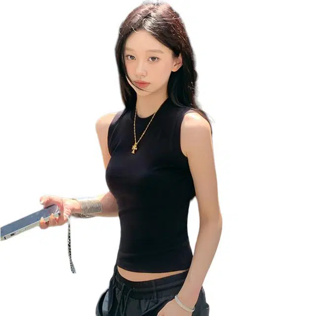 黑恐龙 圆领宽肩简约工字女修身打底外穿内搭上衣背心 女款 黑色